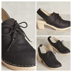 NINA Z Erica Clog •38/ 7.5• Black Leather Ankle strap wooden Anthropologie $280
